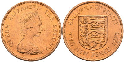 Джерси 2 пенса 1975 герб, Елизавета II (1952-2022) KM 31 бронза UNC 4367-425