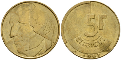 Бельгия 5 франков 1993 Belgique, Бодуэн I (1951-1993) KM 163 алюминиевая бронза 4601-216