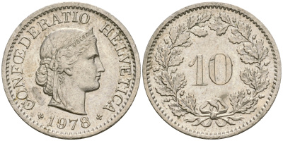 Швейцария 10 раппенов 1978 KM 27 медно-никель 4364-1347