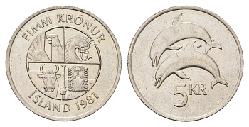 Исландия 5 крон 1981 дельфины KM 28 медно-никель UNC 4591-411