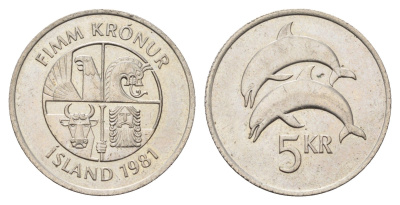 Исландия 5 крон 1981 дельфины KM 28 медно-никель UNC 4591-411