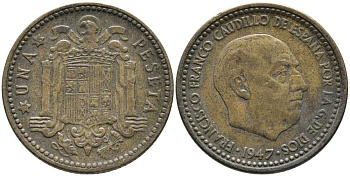 Испания 1 песета 1947 (54) Франсиско Франко (1939-1975) KM 775 алюминиевая бронза 110-1111