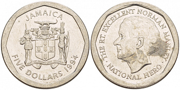 ЯМАЙКА 5 ДОЛЛАРОВ 1994 НОРМАН МЭНЛИ KM 163 сталь 4548-1012