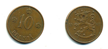 Финляндия 10 пенни 1927 республика (1918-1962) KM 24 медь 46-1557