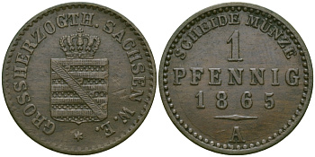 Саксен-Веймар-Эйзенах 1 пфенниг 1865 А, Карл Александр (1853-1901) KM 89, Jaeger 533, AKS 37 медь 99-566