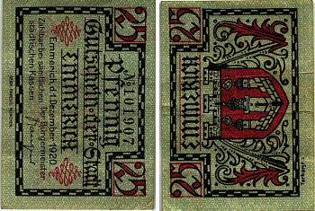 Германия, Эммерих 25 пфеннигов 1920 нотгельд, голубая, 1.12.1920 Tie.1710/25 бумага 6318-26-3-1