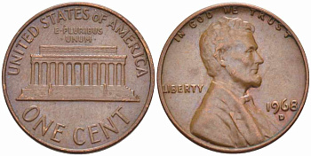 США 1 ЦЕНТ 1968 D, ЛИНКОЛЬН KM 201 медь цинк 105-636