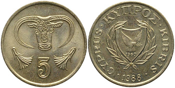 КИПР 5 ЦЕНТОВ 1988 ГОЛОВА БЫКА KM 55.2 никель латунь UNC 181-513