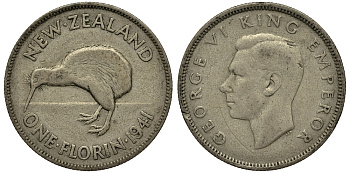 Новая Зеландия 1 флорин 1941 Георг VI (1936-1952), птичка киви KM 10.1 серебро 272-1523