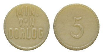 Нидерланды, Министерство войны (Ministerie van Oorlog) военный жетон на флягу - 5 центов ND (1946-1953) Kooij KB292A.2 пластик 3896-1023