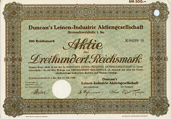 Германия 300 рейхсмарок 1929 АО Duncan's Leinen-Industrie, акция   бумага   8803-50-1