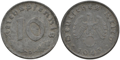 Германия 10 рейхспфеннигов 1943 D KM 101, J.371 цинк 4151-249