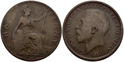 Великобритания 1/2 пенни 1920 Георг V (1910-1936) KM 809, Spink 4056 бронза 51-843