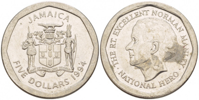 ЯМАЙКА 5 ДОЛЛАРОВ 1994 НОРМАН МЭНЛИ KM 163 сталь 4548-1012