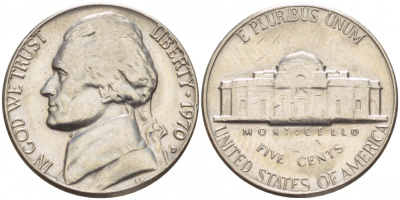 США 5 ЦЕНТОВ 1970 D, ДЖЕФФЕРСОН KM А192 медно-никель 4546-1142