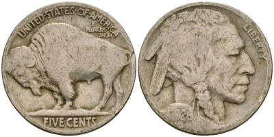 США 5 центов 1926 индеец, бизон KM 134 медно-никель 4135-437