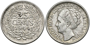 Нидерланды 25 центов 1944 Вильгельмина (1890-1948) KM 164 серебро 4549-1061
