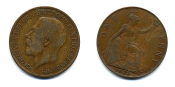 Великобритания 1 пенни 1921 Георг V (1910-1936) KM 810, Spink 4051 бронза 47-532