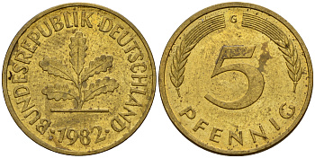 ФРГ 5 пфеннигов 1982 G J.382, KM 107 сталь плакированная латунью    4598-1032