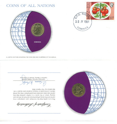 Восточно-Карибские штаты, Доминика 5 центов 1965 конверт с маркой первого дня гашения, Coins of Nations KM 4 никель латунь UNC 4294-64-1