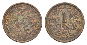 Нидерланды 1 цент 1916 Вильгельмина (1890-1948) KM 152 бронза 75-136