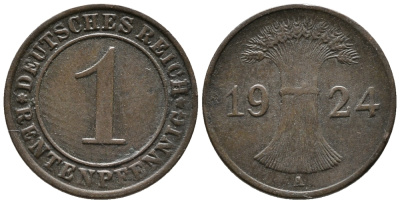Германия 1 рентенпфенниг 1924 A KM 30, J. 306, Weege 1 бронза 39-831