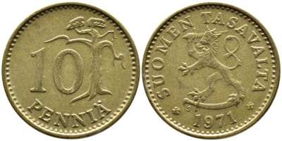 ФИНЛЯНДИЯ 10 ПЕННИ 1971 S KM 46 алюминиевая бронза 75-1665