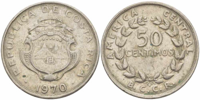 КОСТА-РИКА 50 СЕНТИМО 1970 P, В.С.С.R., ПАРУСНИК KM 189.3 медно-никель 35-425