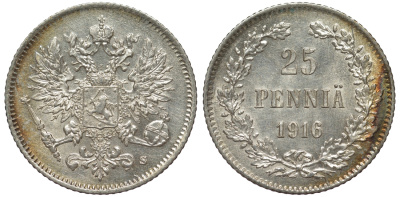 Россия для Финляндии 25 пенни 1916 S, Николай II (1894-1917) KM 6.2, Биткин 421 серебро 75-1246