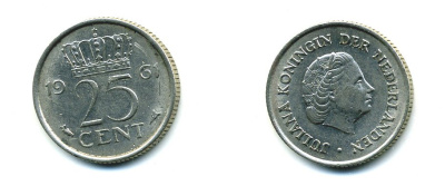 НИДЕРЛАНДЫ 25 ЦЕНТОВ 1961 ЮЛИАНА KM 183 никель 76-368