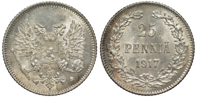 Россия для Финляндии 25 пенни 1917 S, временное правительство, без короны KM 19, Биткин 2 серебро 75-1516