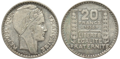 Франция 20 франков 1938 Пьер Тюрен KM 879, Le Franc 400.7 серебро 00-1067-4-51