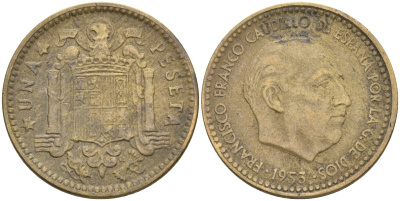 Испания 1 песета 1953 (?) Франсиско Франко (1939-1975) KM 775 алюминиевая бронза 4604-327