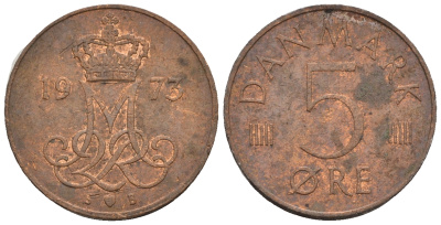 Дания 5 эре 1975 S; B, Маргрете II (1972- ) KM 859.1 железо плакированное медью 54-1048