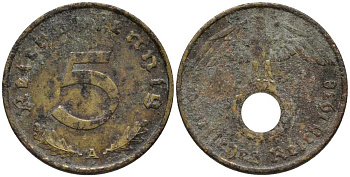 ГЕРМАНИЯ 5 РЕЙХСПФЕННИГОВ 1938 А KM 91, J. 363 алюминиевая бронза 112-713