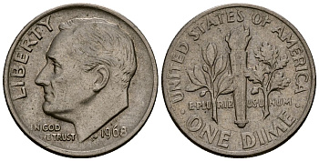 США 10 центов (дайм) 1968 Рузвельт, S KM 195a медь плакированная медно-никелем 4164-945