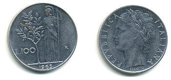 ИТАЛИЯ 100 ЛИР 1965 R АФИНА KM 96.1 сталь 86-1012