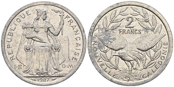 Французская Новая Каледония 2 франка 1987 птица кагу, (IEOM) KM 14, Schoen 11, Lec 64 алюминий    24-212