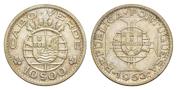 Кабо-Верде 10 эскудо 1953 год-тип KM 10 серебро 4127-445