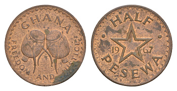 Гана 1/2 песевы 1967 год-тип KM 12 бронза 4655-734