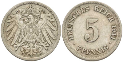 Германия 5 пфеннигов 1911 F KM 11, Jager 12, Weege 6 медно-никель 105-153