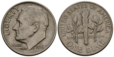 США 10 центов (дайм) 1968 Рузвельт, S KM 195a медь плакированная медно-никелем 4164-945