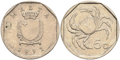 Мальта 5 центов 1991 краб KM 95 медно-никель 4588-121