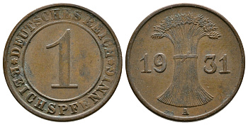 Германия 1 рейхспфенниг 1931 A KM 37, J. 313 бронза 4380-1219