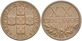 ПОРТУГАЛИЯ 20 СЕНТАВО 1965 KM 584 бронза 4513-1242
