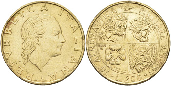 ИТАЛИЯ 200 ЛИР 1993 R, 70 ЛЕТ ВОЕННОЙ АВИАЦИИ KM 155 алюминиевая бронза 4551-1126