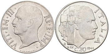 ИТАЛИЯ 20 ЧЕНТЕЗИМО 1941 R, ГОД XIX, ВИКТОР ЭММАНУИЛ III (1900-1946) KM 75b, VEM3. 1028 нержавеющая сталь 3853-843