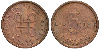 ФИНЛЯНДИЯ 5 ПЕННИ 1973 KM 45 медь 3334-1056