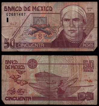 Мексика 50 песо 2002 Море́лос Хосе Мария, штат Мичоакан, бабочки Pick 117 b(1) бумага 8604-22-2-1