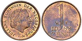 Нидерланды 1 цент 1980 Юлиана (1949-1980) KM 180 бронза UNC 220-515
